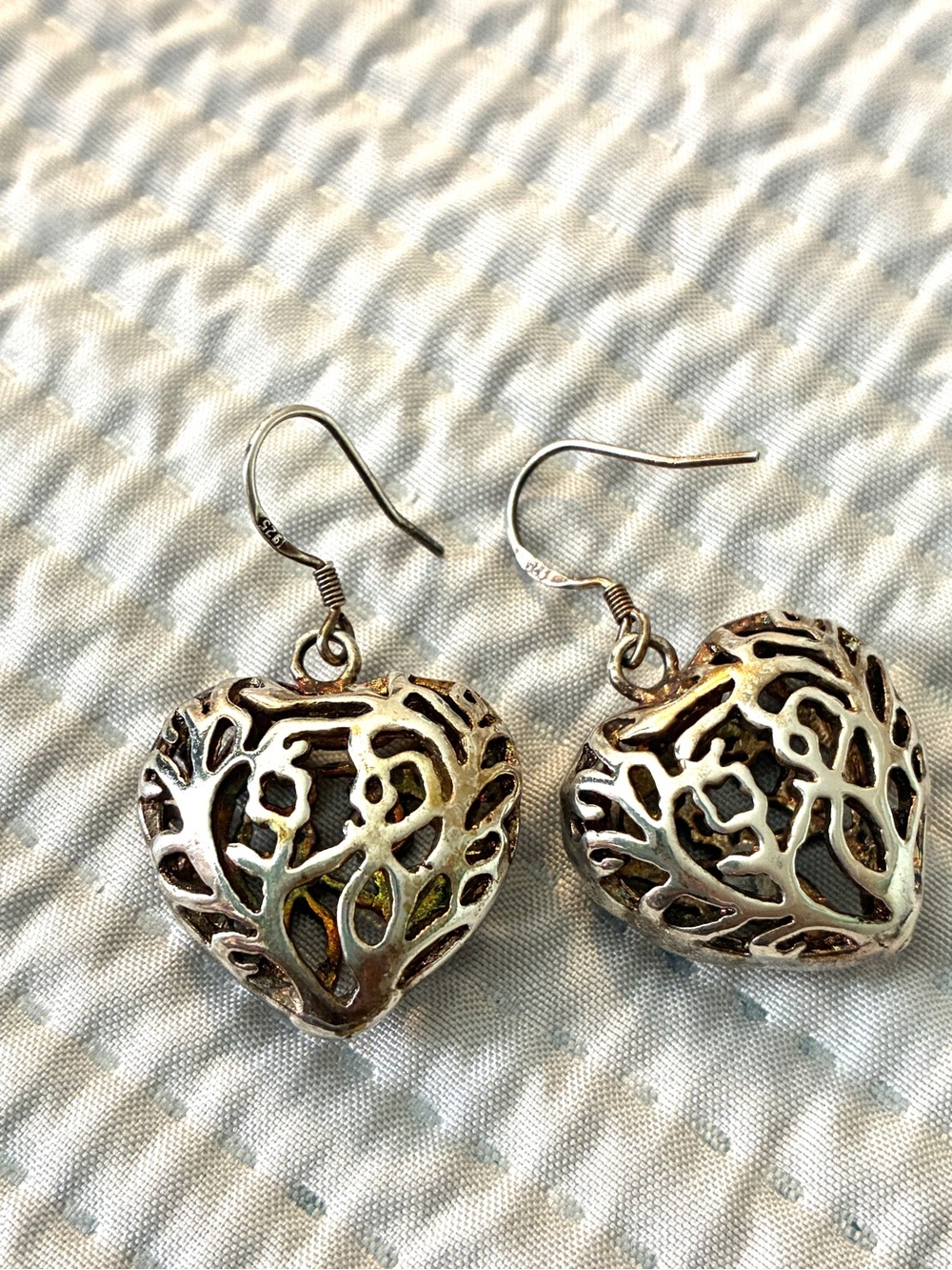 Sterling Puffy Heart Filigree Earrings - Romantic Openwork Design
